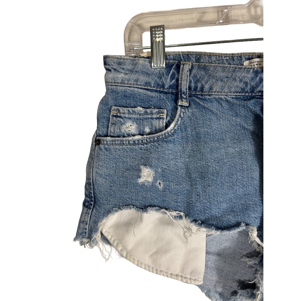 Zara Trafaluc Blue Distressed Crochet Lace Denim Shorts Women 6 High Rise Cutoff - Picture 3 of 9